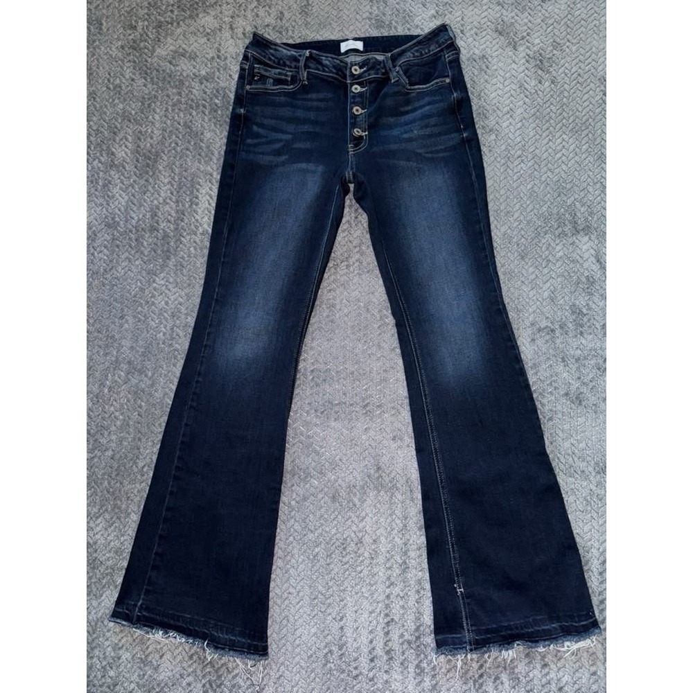 KanCan High Rise‎ Flare Jeans Dark Wash Button Fly Frayed Hem Size 30